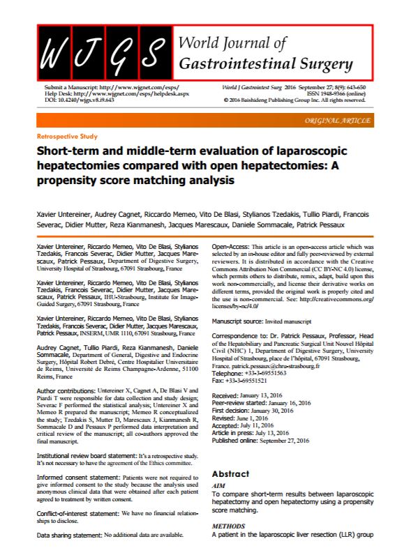 Short-term and middle-term evaluation of laparoscopic hepatectomies compared with open hepatectomies: a propensity score matching analysis
